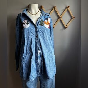 Holiday Editions 1x Denim button up Winter Scene Shirt